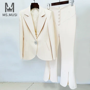 MSMUSI 2023, Новый модный Женский офисный женский комплект из двух предметов, Блейзер с отложным воротником и хрустальными пуговицами, Комплект с расклешенными длинными брюками, костюм