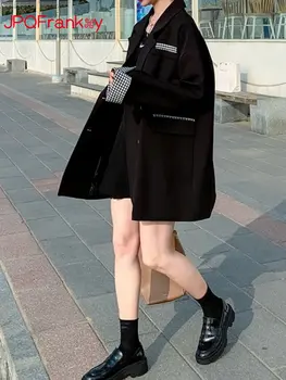 Черный костюм, пальто для женщин, весна-осень 2023, Новая корейская версия, Свободный и тонкий Британский стиль, повседневный и универсальный костюм, тренд