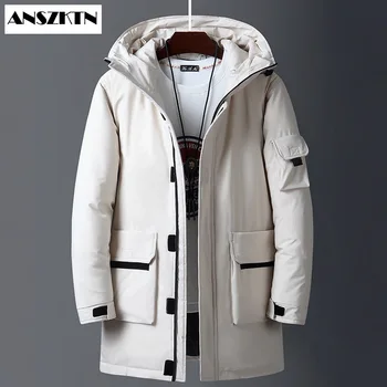 ANSZKTN/новые пуховики, зимняя куртка, теплая парка с хлопковой подкладкой, Повседневная Флисовая Длинная мужская куртка на белом утином пуху с капюшоном