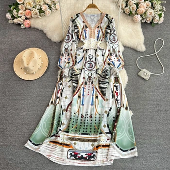 Высококачественное платье с длинными рукавами-фонариками, V-образным вырезом и поясом, платье трапециевидной формы с принтом и элегантной длинной юбкой большого размера
