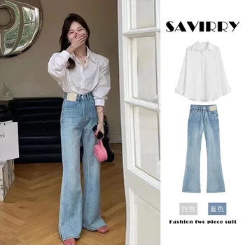 Весенне-летний брючный костюм для женщин, Корейская мода, Белая Свободная рубашка большого размера, Синие свободные джинсы с высокой талией, комплект из 2 предметов, соответствующий комплект