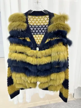2023 Вязаный свитер Осень-зима, Женская одежда, Большой V-образный вырез, Цвет лисьей шерсти, Однобортный кардиган, Женское Стильное Свободное пальто