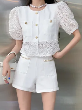 Элегантные комплекты из двух предметов, женские летние рубашки-кардиганы с кружевной строчкой, корейская мода, высокая талия, широкие шорты, костюм