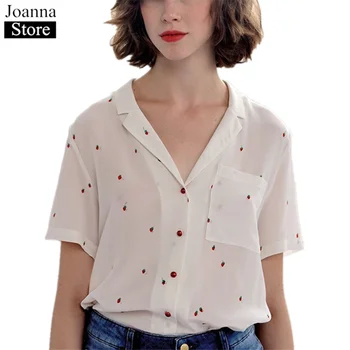 Летняя новая короткая рубашка из 100% шелка с принтом, Женская Однобортная блузка с коротким рукавом и лацканами, белая повседневная одежда больших размеров