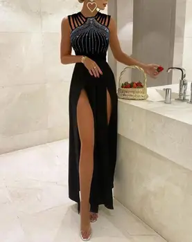 Сексуальное женское платье без рукавов, украшенное стразами, с высоким разрезом, Элегантное модное Макси-облегающее платье с несколькими ремешками, с высоким разрезом, летнее 2023