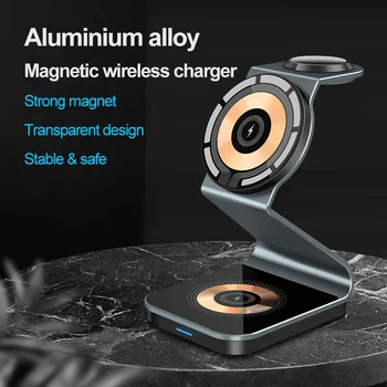 2023 Магнитное беспроводное зарядное устройство 3-в-1 для быстрой беспроводной зарядки Magsafe Apple Watch Dual мощностью 15 Вт для Xiaomi 13 Iphone 14 Pro Max
