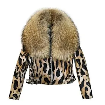 Женская куртка из натуральной кожи, сексуальная леопардовая куртка из овчины, большой воротник из меха енота, пальто из натурального меха, женское пальто из натурального меха