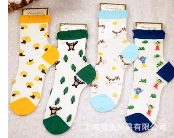 12 пар/лот, корейский стиль, весна-осень, женский стеклянный носок, мультяшные животные, хрустальные милые повседневные шелковые носки