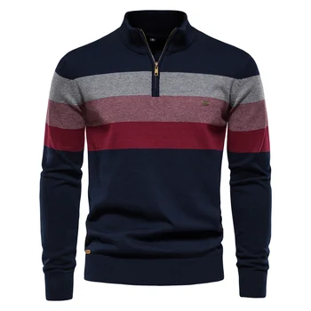 2023 Новый пуловер в стиле пэчворк, Хлопковый Повседневный свитер с имитацией шеи на молнии для мужчин, Новый зимний модный теплый свитер для мужчин
