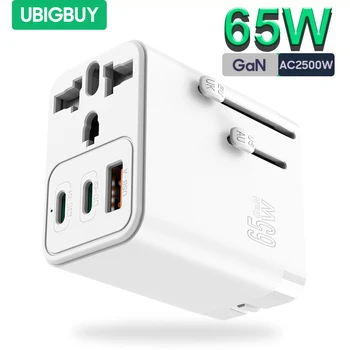 Универсальный адаптер Ubigbuy для путешествий, зарядное устройство GaN мощностью 65 Вт с вилками UK EU AU US, 2USB-C PD и USB-A QC3.0 для ноутбуков, планшетов и телефонов