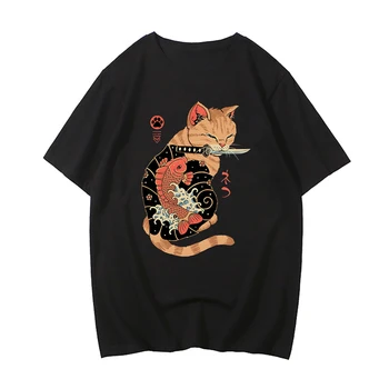 Футболка Samurai Cat, футболка из 100% хлопка, Мужская футболка с графическим рисунком, Летние топы с коротким рукавом, Повседневная футболка для мужчин, футболки с принтом