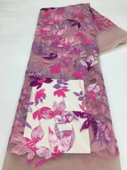 Розовая Кружевная ткань в африканском стиле, 5 ярдов, Высококачественная сетка с пайетками, вышивка, Французский Свадебный Тюль, Кружевные ткани для шитья, материалы
