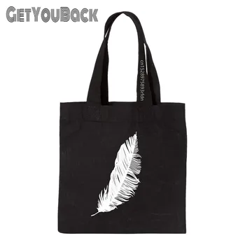 Забавная черная сумка для покупок с перьями, женская Эко-холщовая сумка через плечо большой емкости, прямая поставка