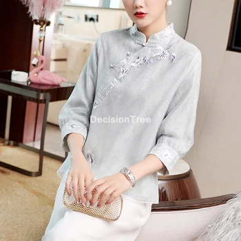2022, женский китайский традиционный топ, рубашка ципао с воротником-стойкой, старинная льняная блузка чонсам, элегантные вечерние женские рубашки