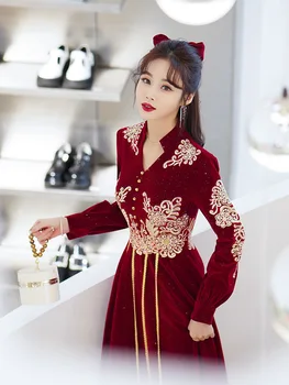 Бордовое Сексуальное платье Невесты трапециевидной формы для свадебной вечеринки, Ципао с V-образным вырезом и аппликацией в виде золотого цветка, Cheongsam Lady Elegant Vestidos
