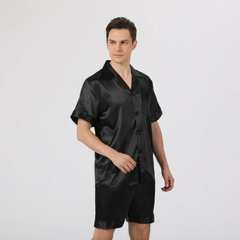 черная пижама Для мужчин, Шорты с короткими рукавами с принтом, Пижама для мужчин, комплект из атласного Шелка, Мужская пижама, Одежда для сна, Пижама Европейского размера
