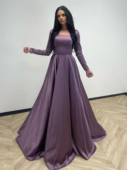 Уникальное Фиолетовое велюровое мусульманское вечернее платье для выпускного вечера с квадратным воротником, Трапециевидное платье длиной до пола, Вечернее платье с длинным рукавом, сшитое на заказ