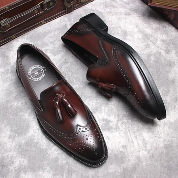 Черные Бордовые мужские Лоферы ручной работы из натуральной кожи с кисточками, Мужские модельные туфли с косами, Мужские Оксфордские туфли-броги