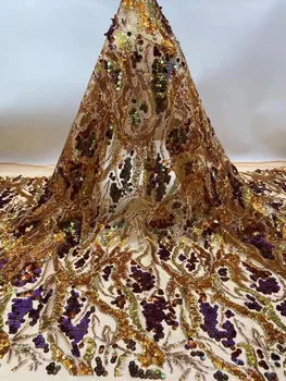 Золотая Африканская Кружевная ткань Sequence 5 Ярдов Высококачественной французской кружевной ткани В Нигерийском стиле Для Шитья свадебного платья Asoebi