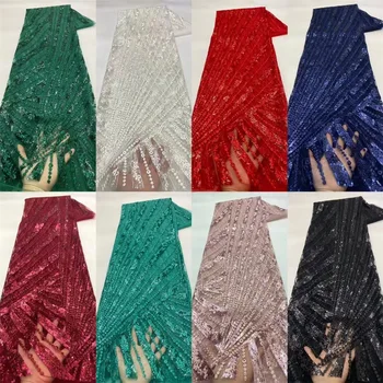 Роскошная африканская кружевная ткань ручной работы, 5 ярдов, кружевная ткань с вышивкой пайетками, кружевная ткань в нигерийском стиле для свадебного платья