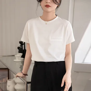 Новая летняя модная женская белая футболка 2023 года из хлопка с коротким рукавом и круглым вырезом, свободные рубашки и блузки для женщин