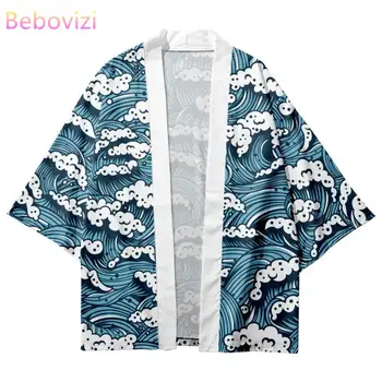 Модное Японское Кимоно с принтом синих океанских волн, Летний повседневный пляжный Кардиган, Юката, Женская Мужская верхняя азиатская одежда Haori
