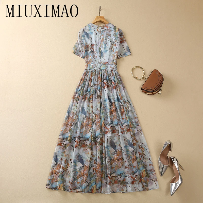 MIUXIMAO 2023 Элегантное платье с рисунком тушью, короткий рукав, V-образный вырез, праздничное модное длинное платье, женская одежда