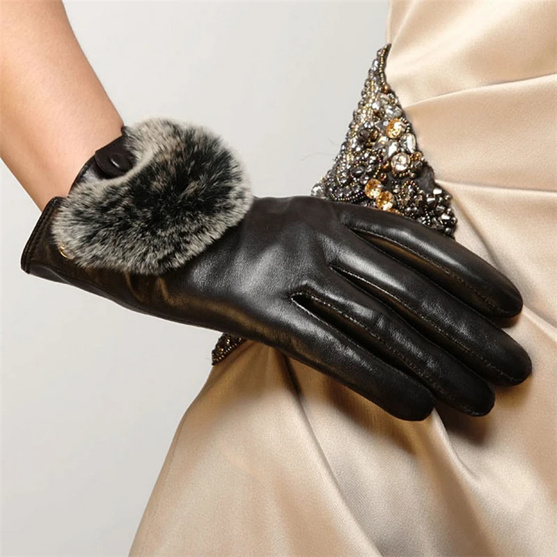 Брендовые перчатки из натуральной кожи, Модные Женские перчатки из овчины, на запястье из кроличьей шерсти, черные Зимние Перчатки для вождения L126NK