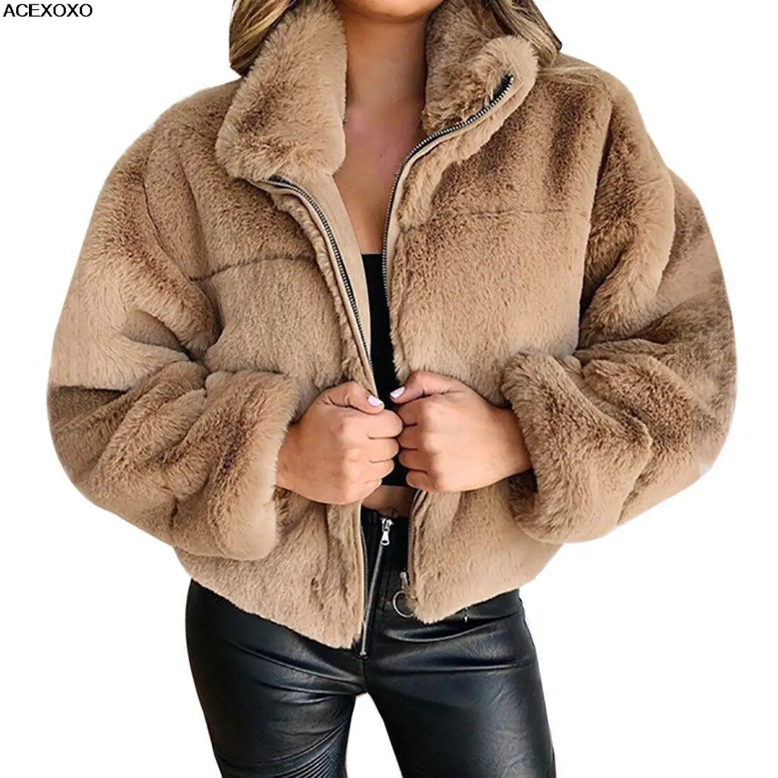 Горячая женская осенне-зимняя коллекция 2023 года, кардиган из искусственной кожи с кроличьим мехом на молнии, пушистое теплое пальто, пальто