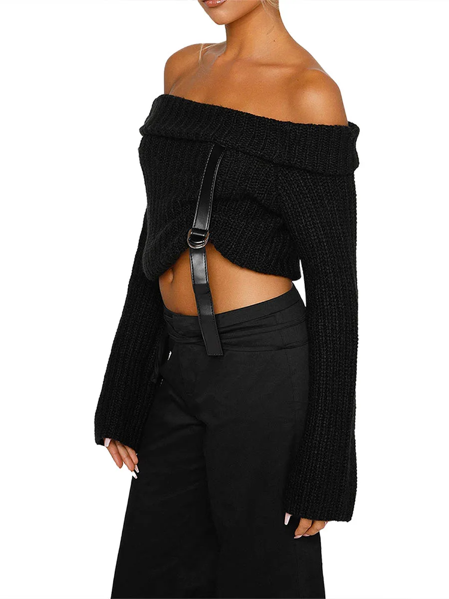 Женский вязаный свитер большого размера с поясом - Вырез лодочкой, пуловер с открытыми плечами и длинным рукавом для весны и осени - Модный