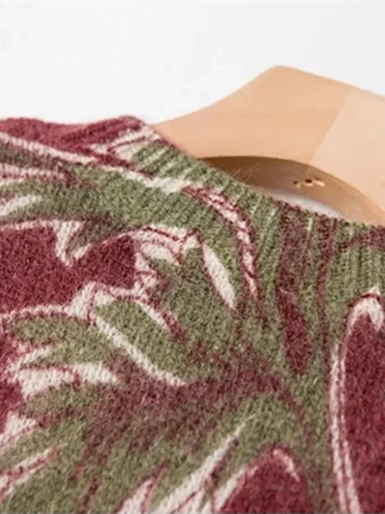 Женский свитер с цветочным принтом 2023, ранняя весна, шерсть и мохер с круглым вырезом, Винтажный женский джемпер