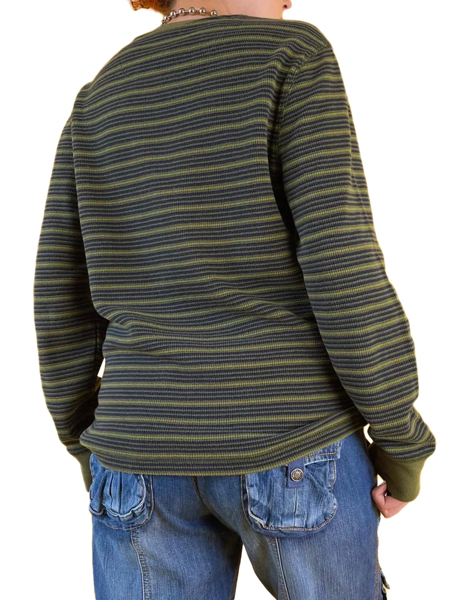 Женский Свободный трикотаж с круглым вырезом и принтом в полоску, вязаный свитер в рубчик с длинными рукавами на весну-осень