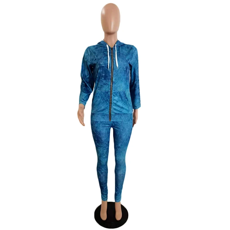 Комплект из двух предметов с джинсовым принтом, Женская одежда, Куртка с капюшоном на молнии, топ и брюки, Повседневный костюм для бега, Женские спортивные костюмы