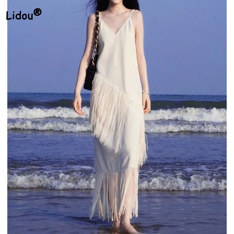 Корейское модное однотонное платье на бретельках с кисточками, 2023 Летнее Сексуальное Платье с V-образным вырезом для отдыха, Длинные платья, Женская одежда