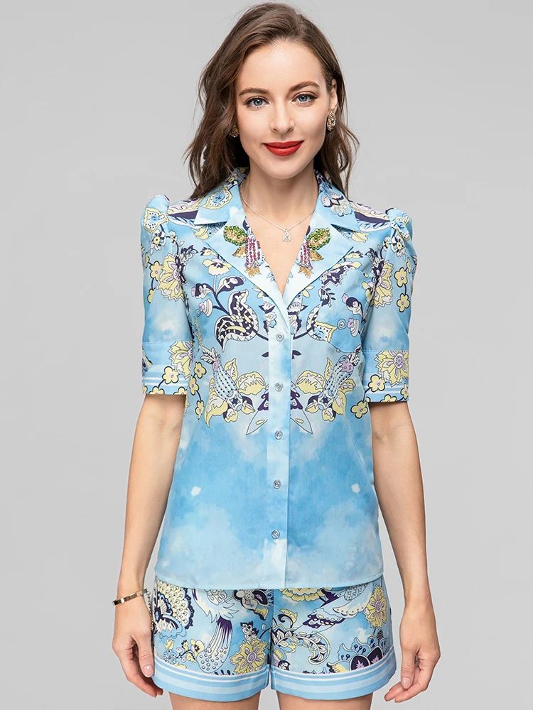 Модный дизайнерский весенне-летний костюм Seasixiang, женские топы с отложным воротником и пышными рукавами + Шорты, комплект с цветочным принтом