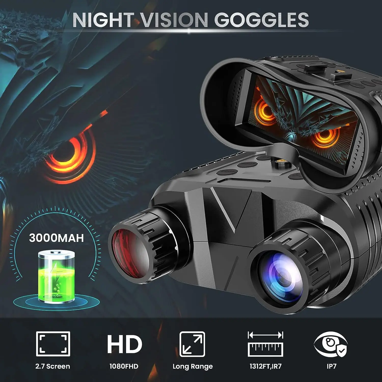 Очки ночного видения-Бинокль ночного видения для взрослых, -Навесные очки ночного видения, Цифровое инфракрасное ночное видение 1312 футов, Совместимые 