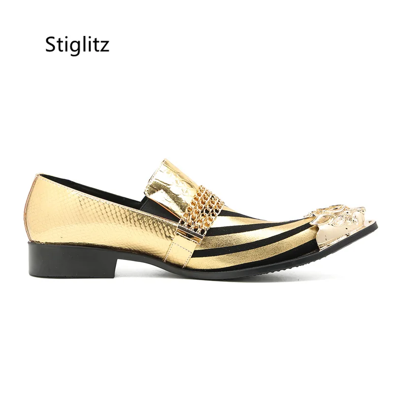 Серебристо-Золотая Мужская обувь из натуральной кожи с металлическим носком и цепочкой на плоской подошве, Повседневная Деловая Свадебная обувь, Социальная обувь для жениха, Мужские Лоферы