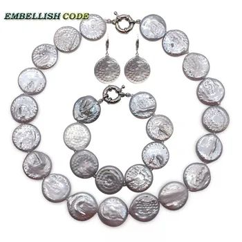 Изумительное ожерелье из крупного жемчуга в стиле барокко, браслет, серьги-крючки, набор светло-серого цвета, круглая монета плоской формы 22 мм, элегантная для женщин