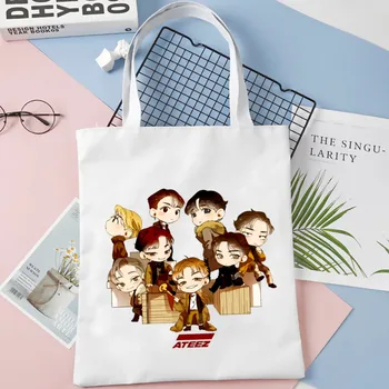 Женская холщовая сумка-тоут ATEEZ K Pop Большой емкости, сумка для покупок в стиле Харадзюку, женская сумка с рисунком из мультфильма в стиле хип-хоп, Прямая доставка