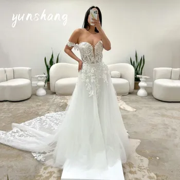 Элегантное Свадебное платье Трапециевидной формы Yunshang, Белое Кружевное Свадебное платье с открытой спиной и открытыми плечами, Придворный Шлейф, Vestido De Novia