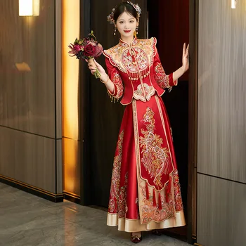Элегантное свадебное платье в китайском стиле, расшитое бисером, с кисточками, Изысканный воротник-стойка, свадебный Чонсам