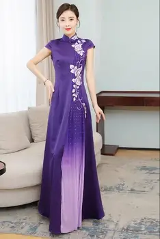 Китайское Весенне-летнее Длинное платье для подиума, Женский Фиолетовый вышитый Чонсам