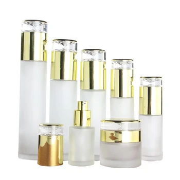 5 шт./лот, бутылочки для лосьона-тонера с золотой крышкой из матового стекла, баночки для крема, высококачественный косметический упаковочный контейнер