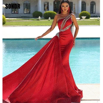 Длинные Вечерние платья с красными блестками SONDR На одно плечо, Атласное Вечернее платье Colot на заказ в Дубае, Вечернее платье для Выпускного Вечера, Халат de Soiree