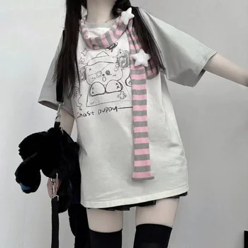 Японская Кавайная футболка с круглым вырезом и шарфом с мультяшным принтом, Летняя Гранжевая Свободная футболка с коротким рукавом Y2k Kpop, женские топы средней длины