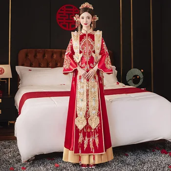 Yourqipao Традиционная одежда Xiuhe 2023, Летнее Новое Китайское Свадебное платье, Атласные Старинные свадебные платья Hanfu Custume для женщин
