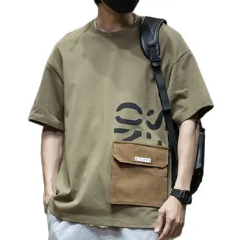 Мужская летняя повседневная 260-граммовая тяжеловесная футболка с карманом на поясе plus fat S-5XL, летняя контрастная хлопковая футболка большого размера с короткими рукавами