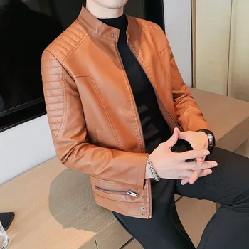 Мужская кожаная куртка со стоячим воротником, корейская версия, модная гоночная одежда, кожаная куртка из искусственной кожи 2023, новинка весны