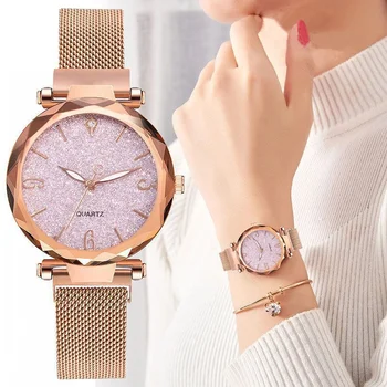 Женские часы из розового золота 2022, лучший бренд класса Люкс, Женские наручные часы с магнитным Звездным небом, Сетчатые женские часы для челнока Relogio Feminino