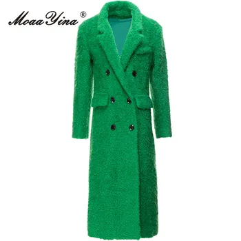 MoaaYina, Весна-осень, Модные подиумные Зеленые Винтажные пальто из плотных смесей, женские Двубортные пальто с лацканами и накладными карманами, длинные пальто из смесей